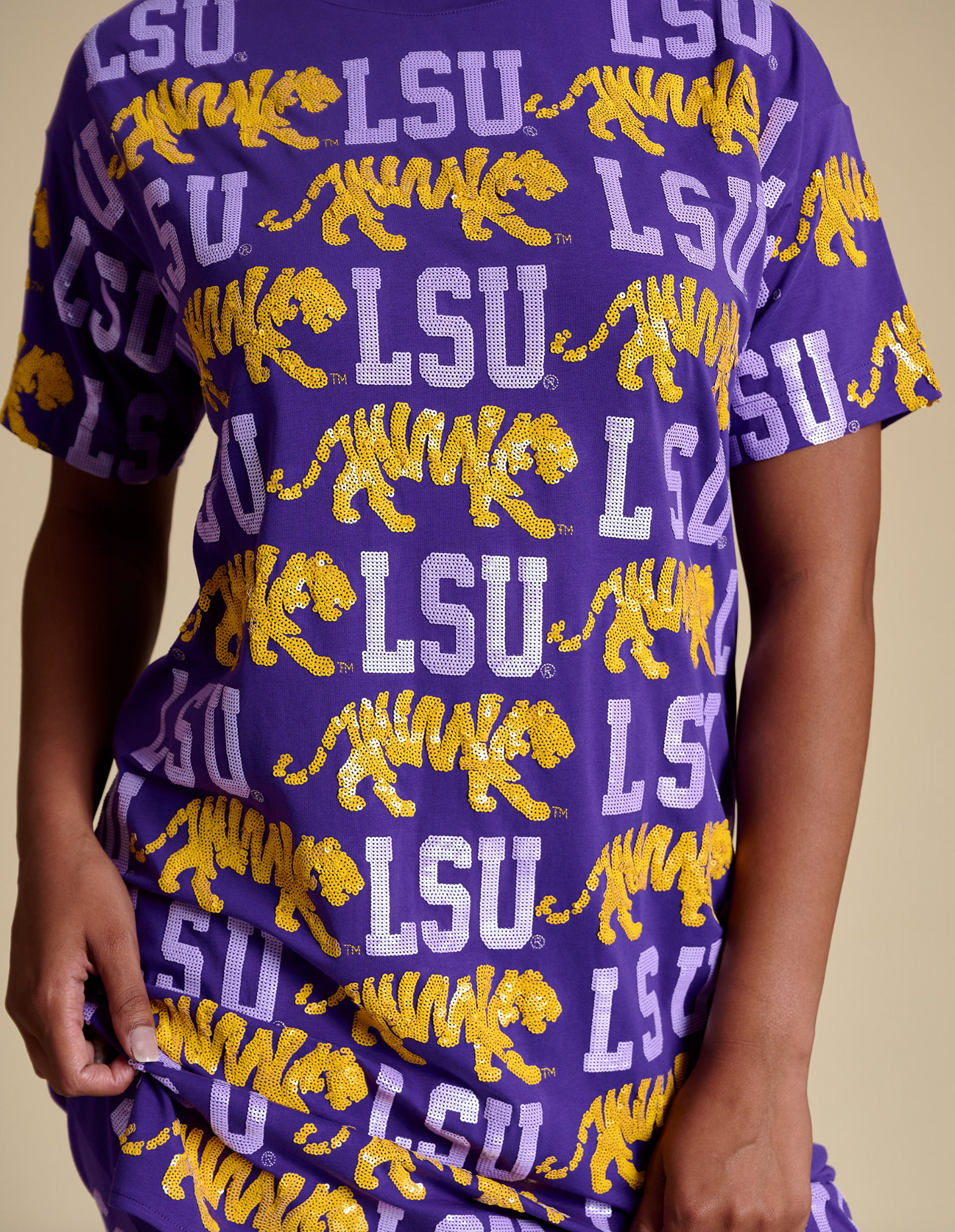 Purple & Gold Sequin Repeat T-Shirt Dress