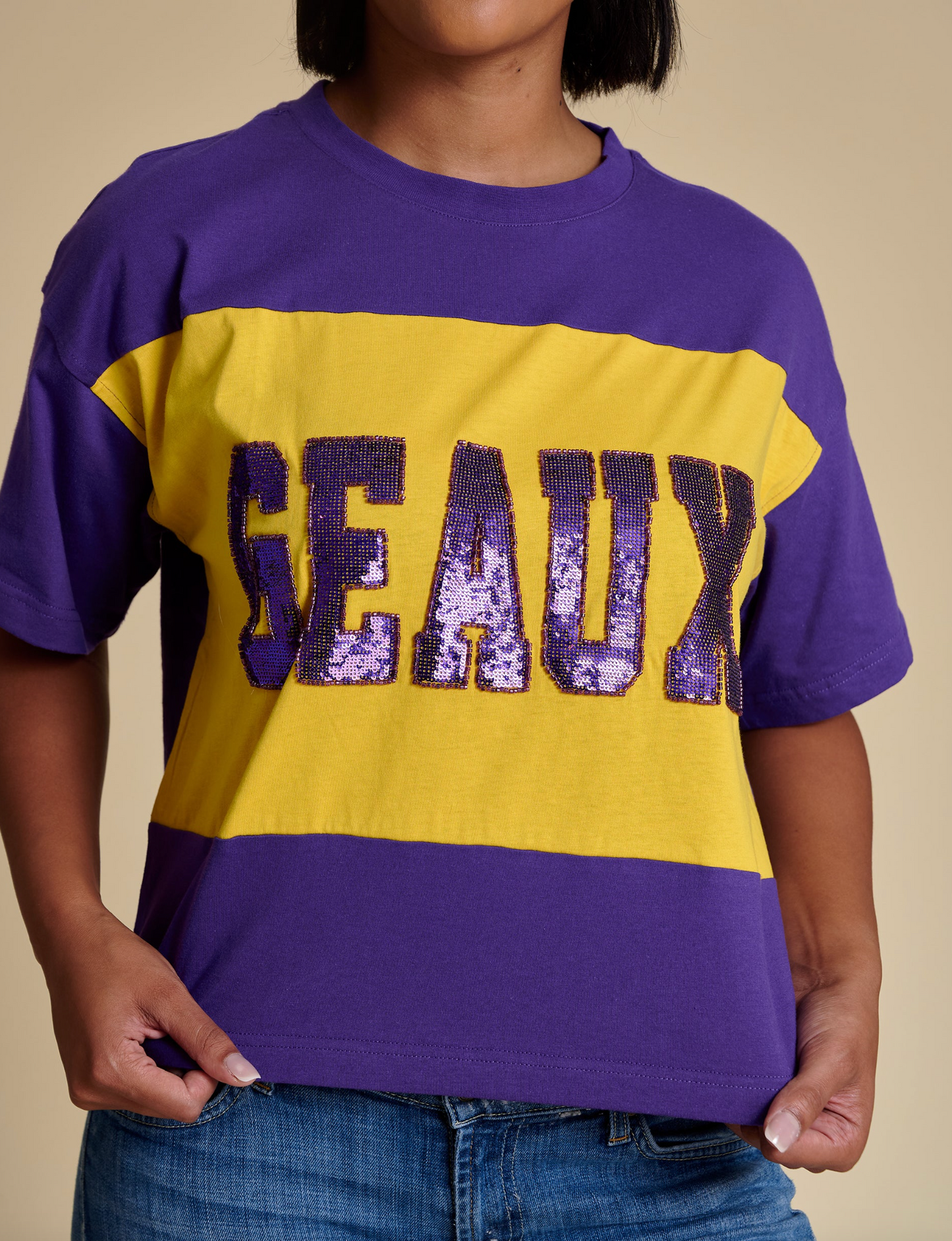 Geaux Sequin Color Block Top