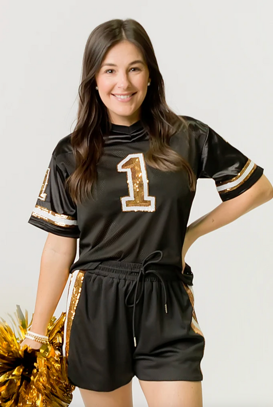 Sequin Crop Jersey, Black & Gold