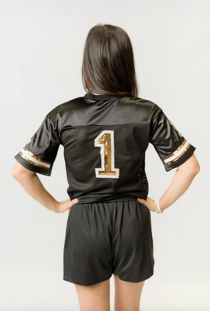 Sequin Crop Jersey, Black & Gold