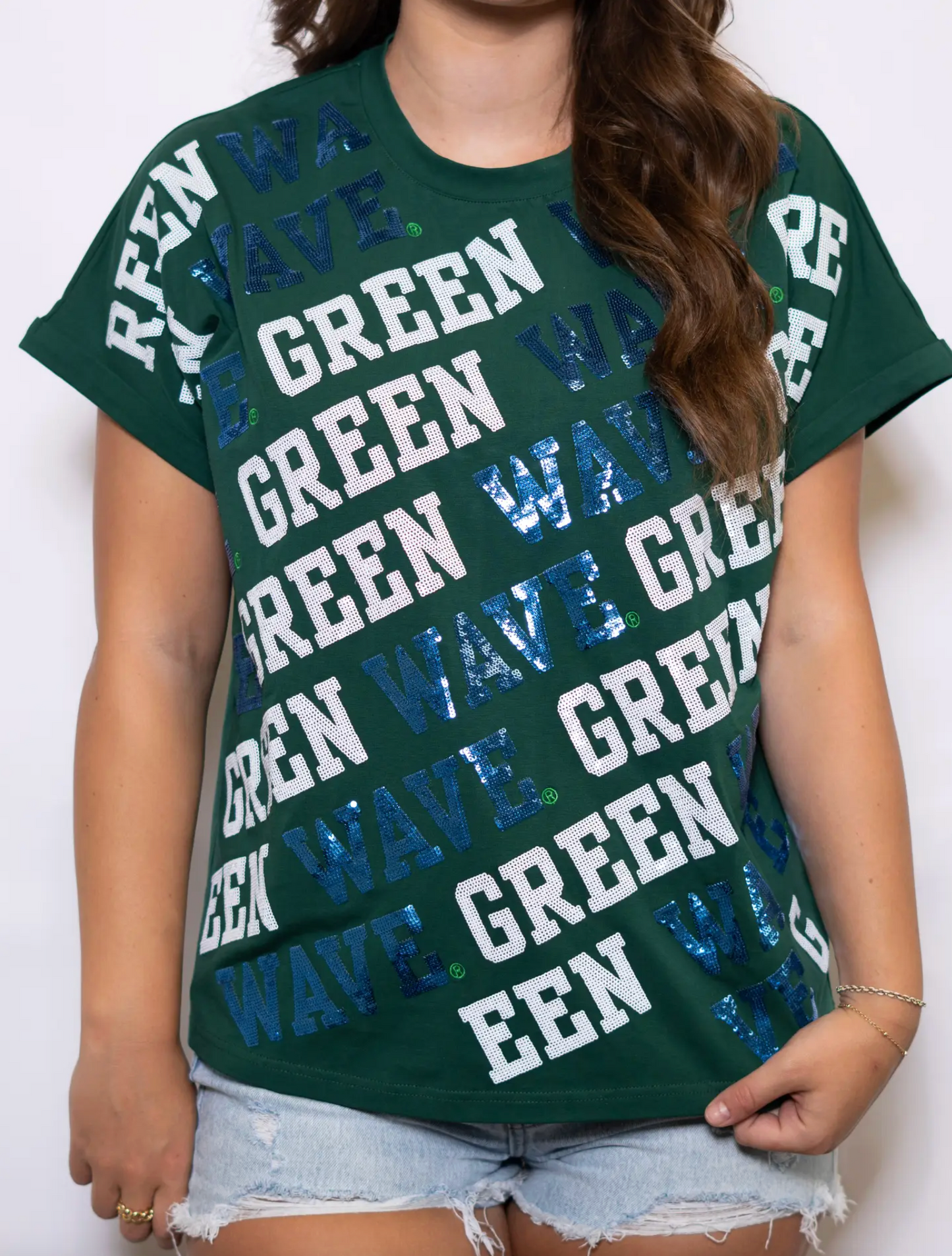 Green Wave Varsity Block Cuff Sleeve Top