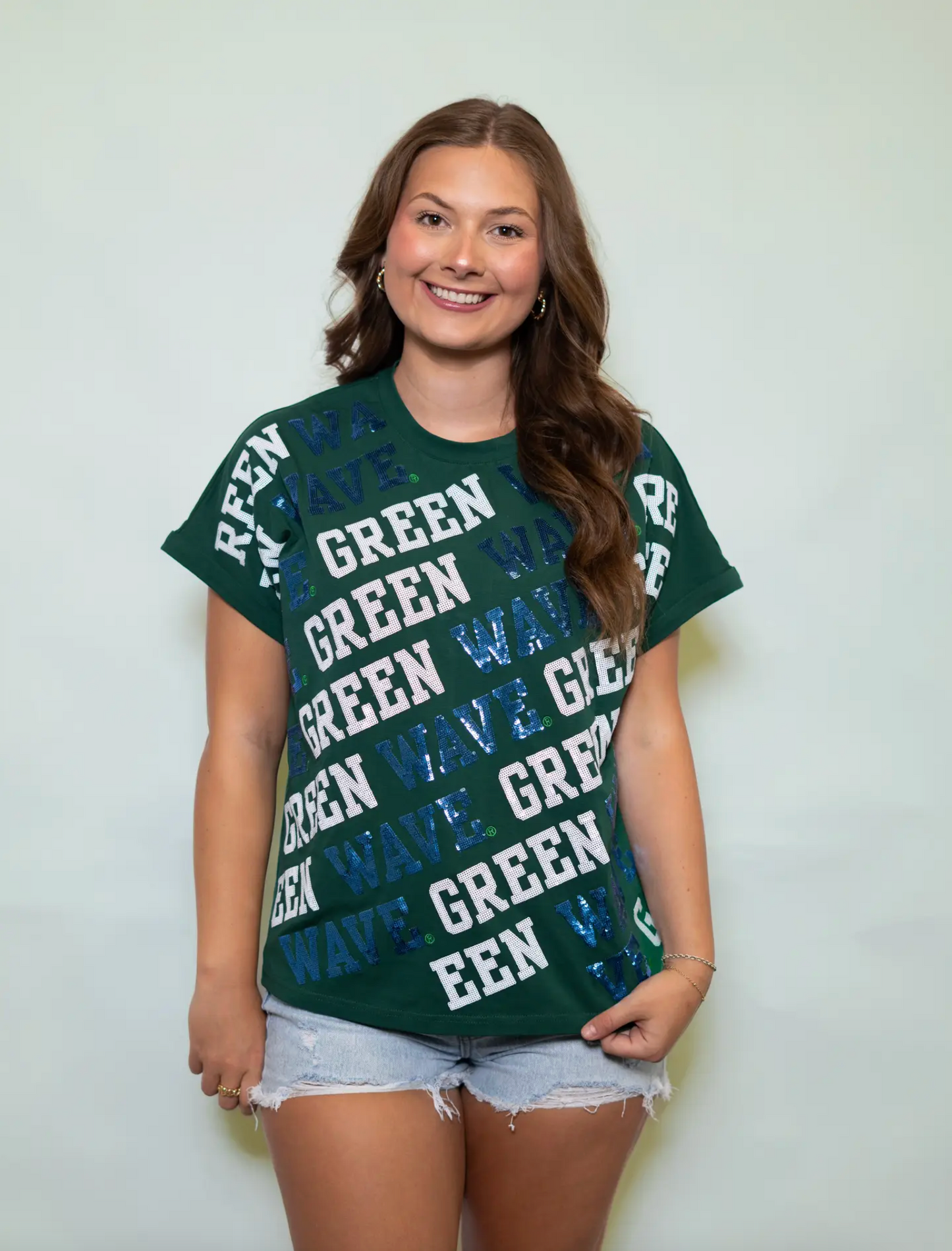 Green Wave Varsity Block Cuff Sleeve Top