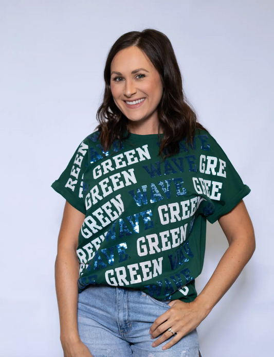 Green Wave Varsity Block Cuff Sleeve Top