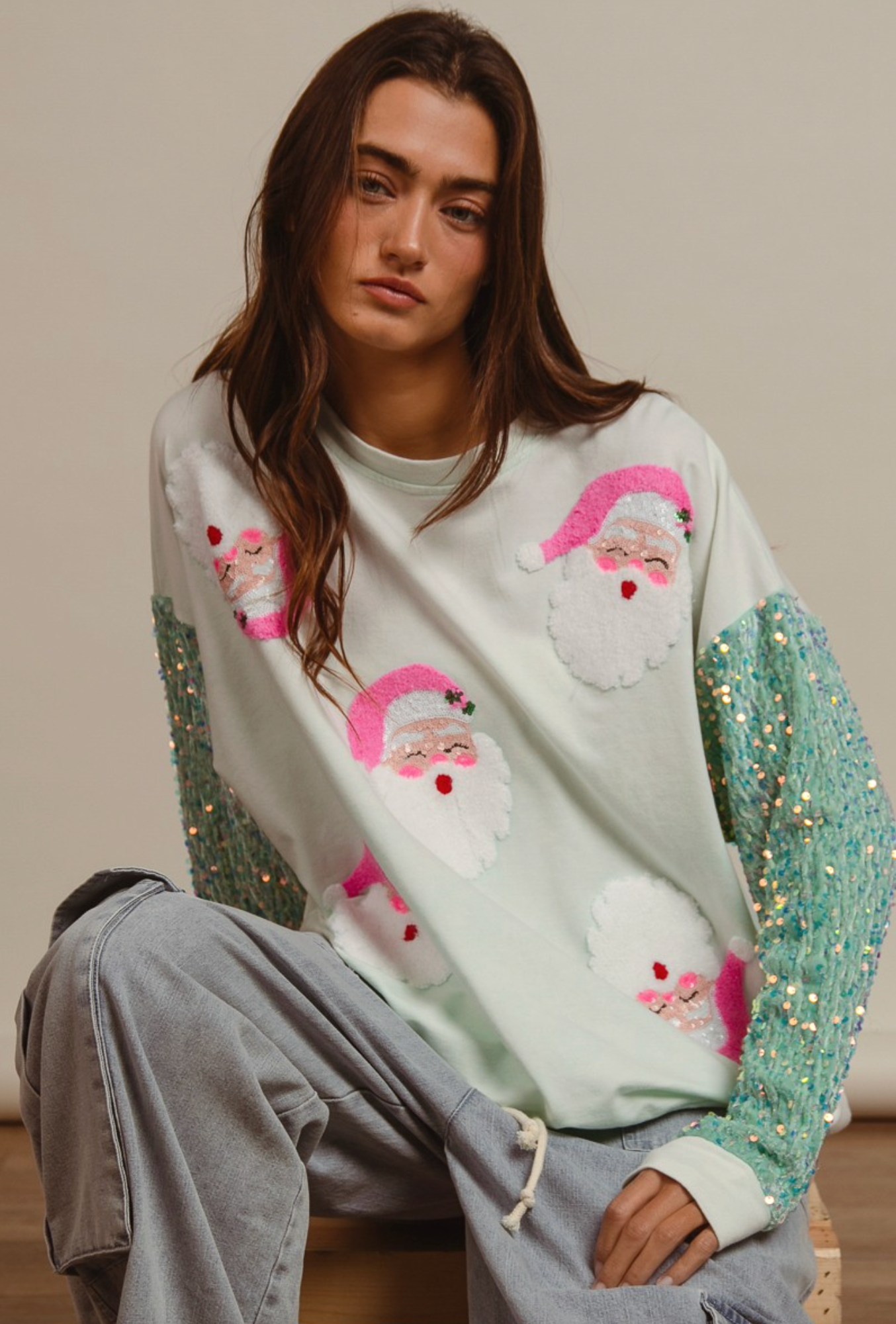 Velvet Sequin Santa Pullover, Mint