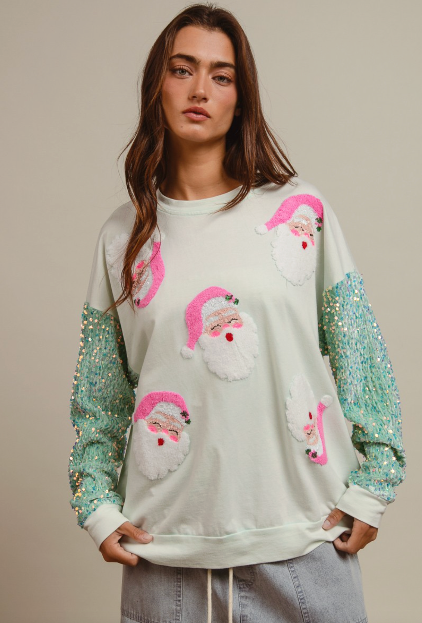 Velvet Sequin Santa Pullover, Mint