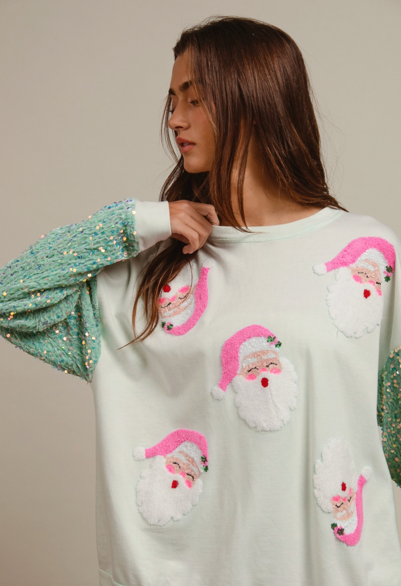 Velvet Sequin Santa Pullover, Mint