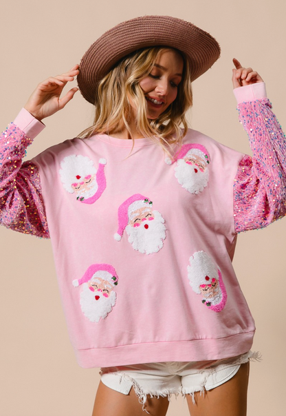 Velvet Sequin Santa Pullover, Pink