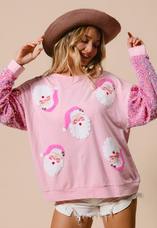 Velvet Sequin Santa Pullover, Pink