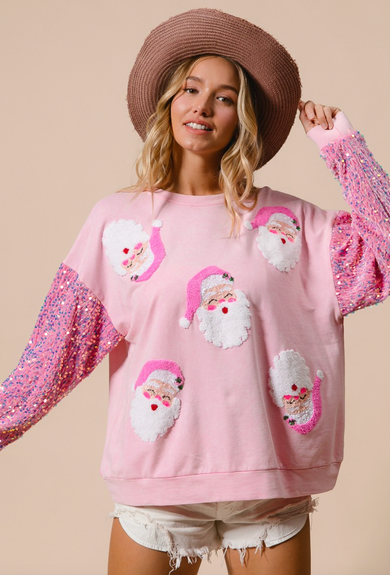 Velvet Sequin Santa Pullover, Pink