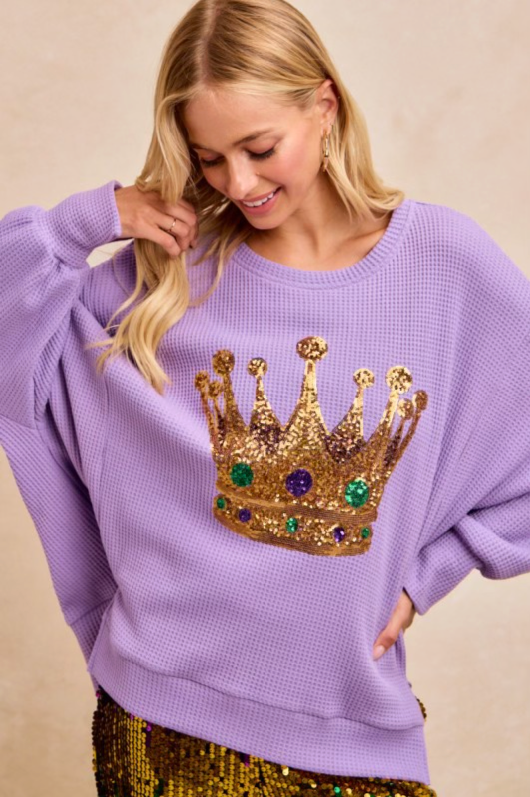 Sequin Crown Oversized Waffle Top