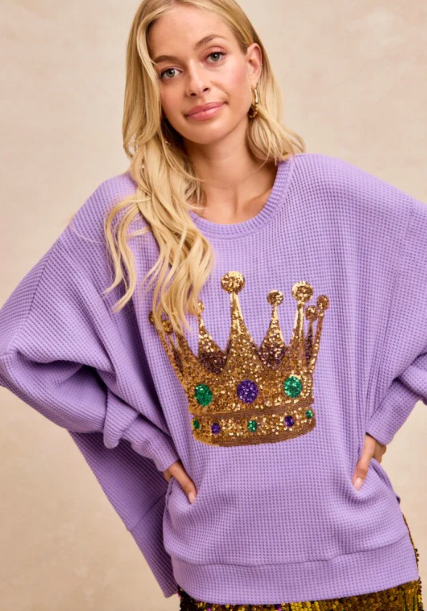 Sequin Crown Oversized Waffle Top