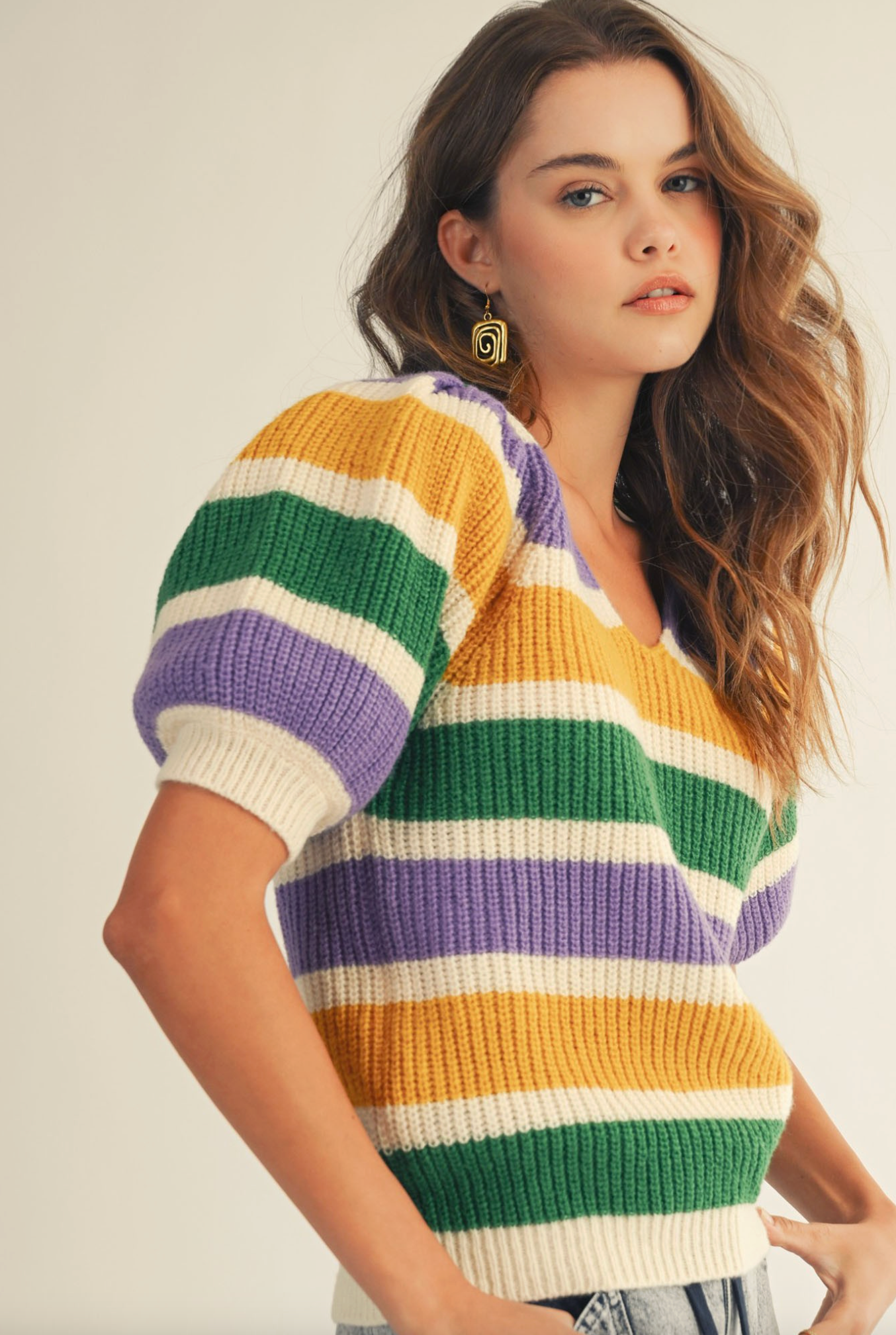 Mardi Gras Puff Sleeve Stripe V-Neck Sweater