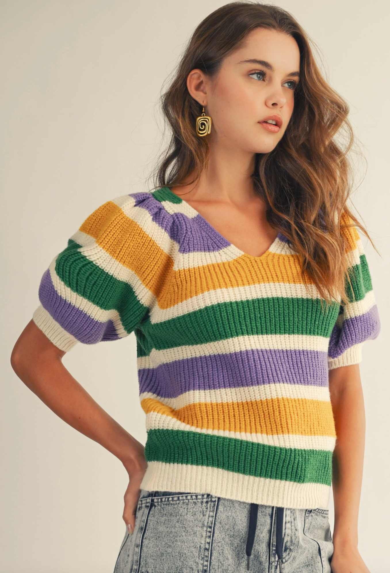 Mardi Gras Puff Sleeve Stripe V-Neck Sweater