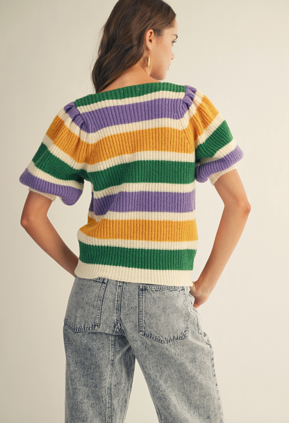 Mardi Gras Puff Sleeve Stripe V-Neck Sweater