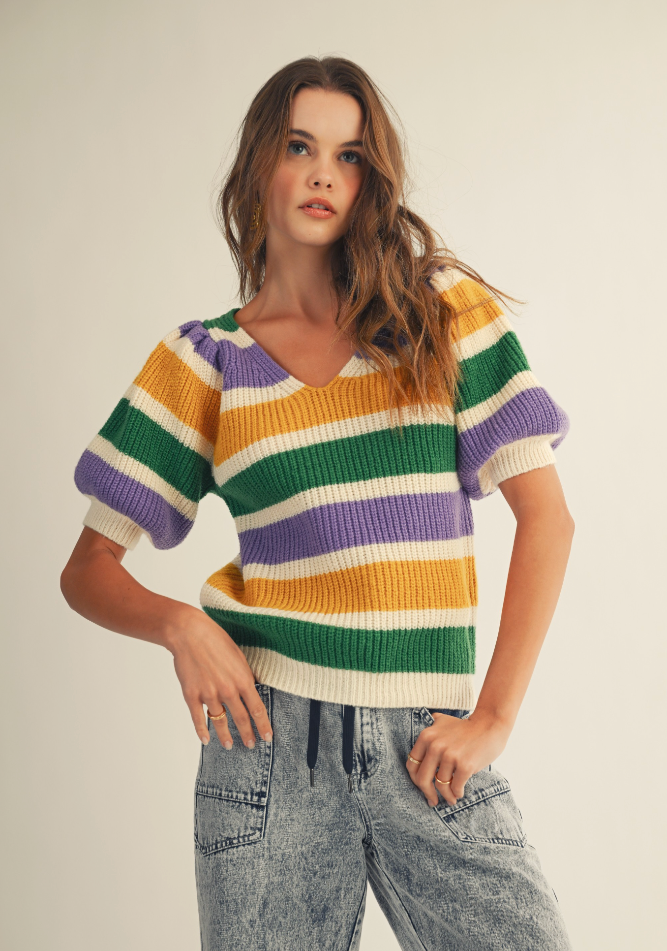 Mardi Gras Puff Sleeve Stripe V-Neck Sweater