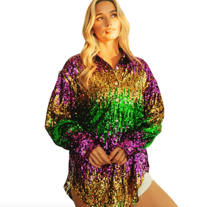 Mardi Gras Sequin Button Up