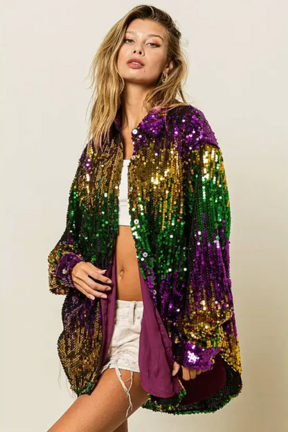 Mardi Gras Sequin Button Up