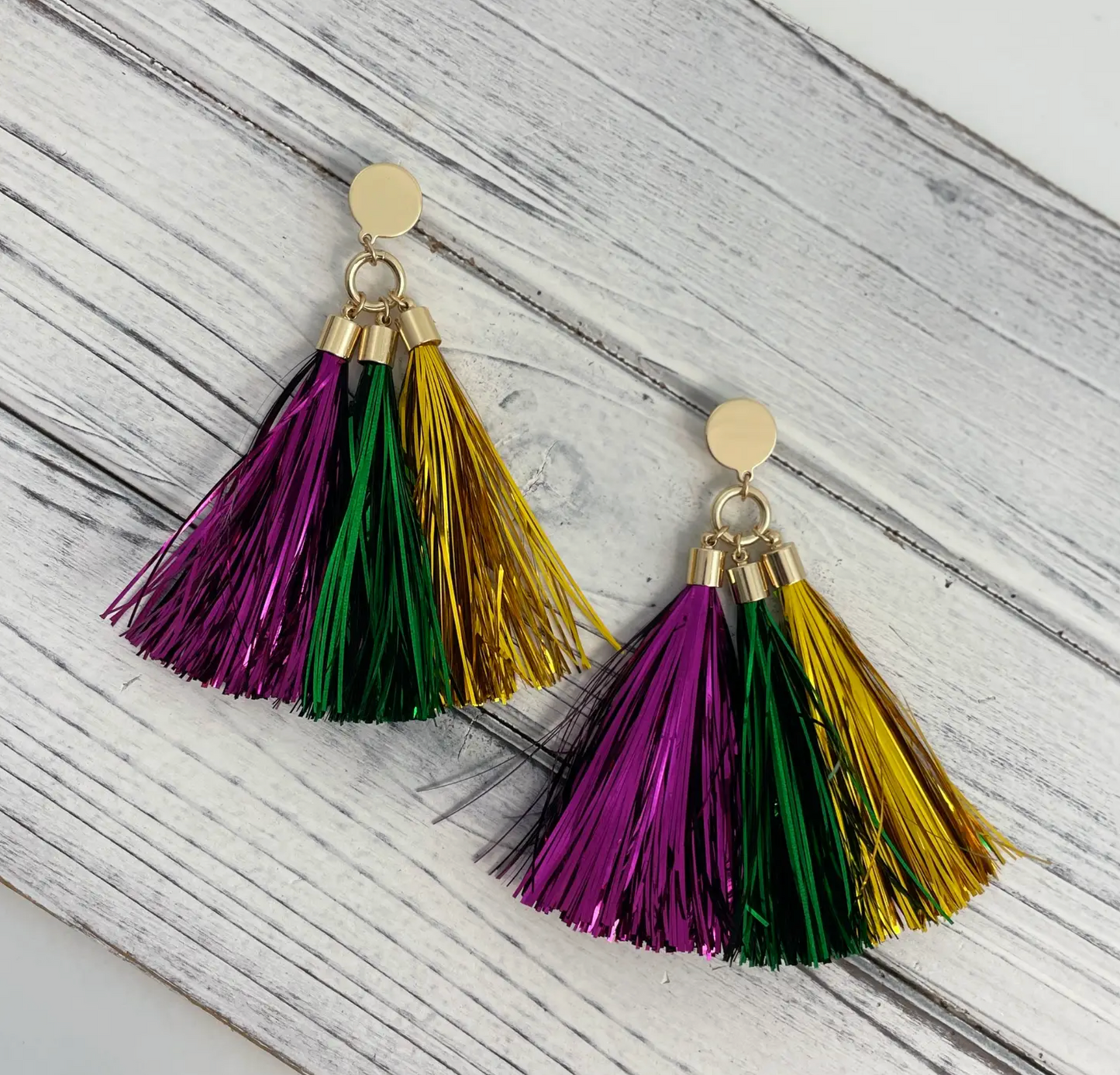 Mardi Gras Triple Tinsel Tassel Earrings