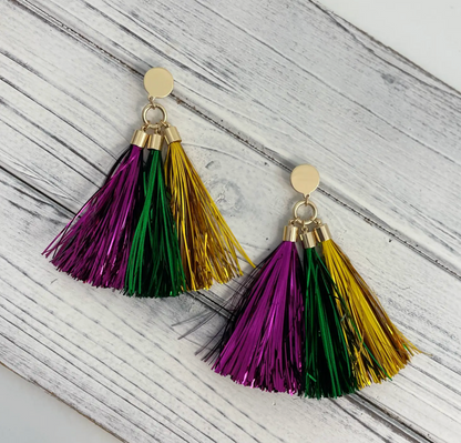 Mardi Gras Triple Tinsel Tassel Earrings