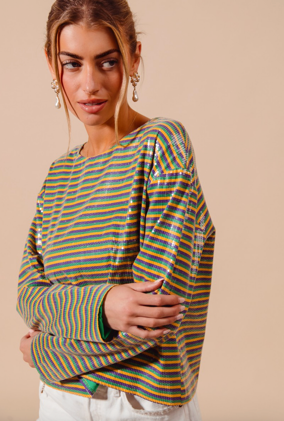 Mardi Gras Shimmer Pinstripe Top