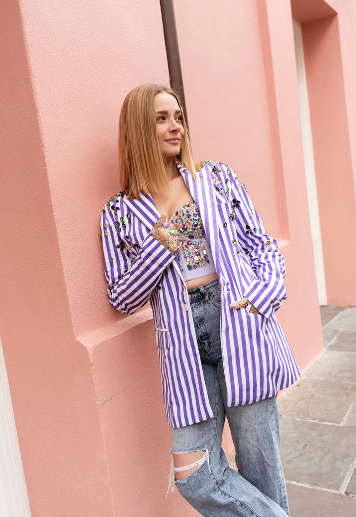 Purple Striped Blazer with Jewels