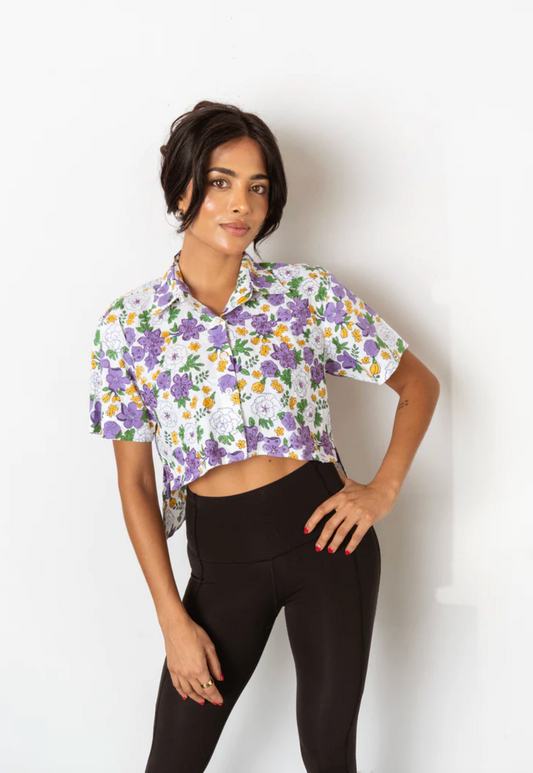 Floral Block Print Button Up Crop Top