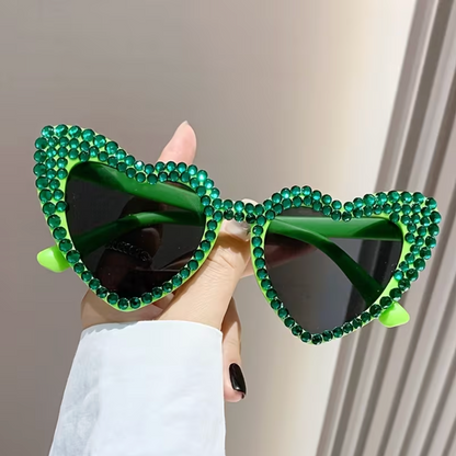 Rhinestone Heart Sunglasses, Green