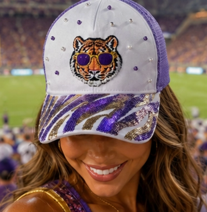 Sequin Tiger Stripe Trucker Hat with Pearls