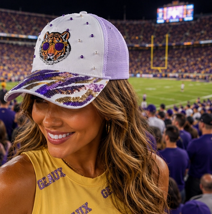 Sequin Tiger Stripe Trucker Hat with Pearls
