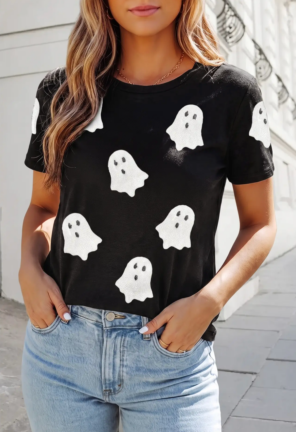 Sequin Ghost Tee, Black