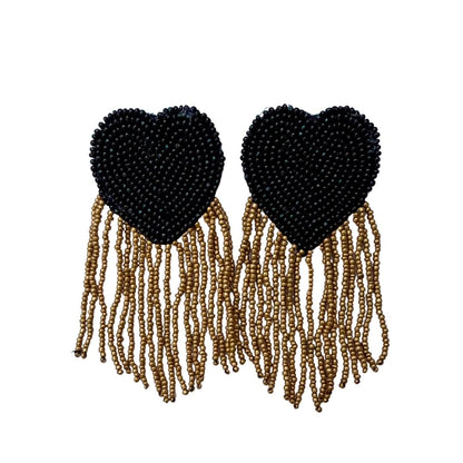 Beaded Heart Fringe Earrings, Black & Gold
