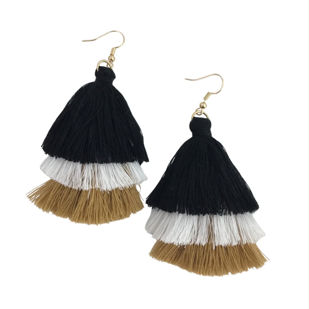 Black & Gold Triple Tassel Earrings