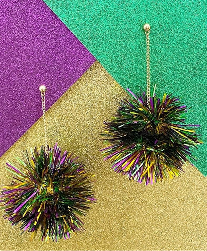 Tinsel Ball Dangle Earrings, Mardi Gras