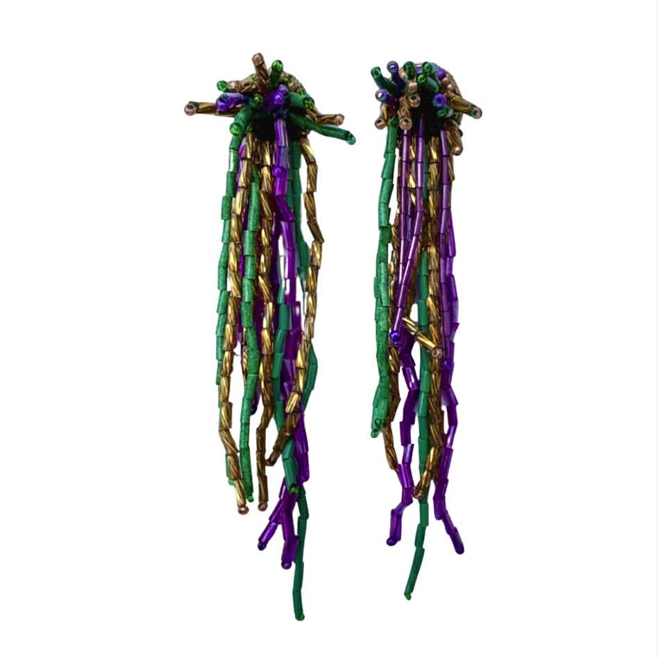Beaded Dangle Fringe Earrings, Mardi Gras