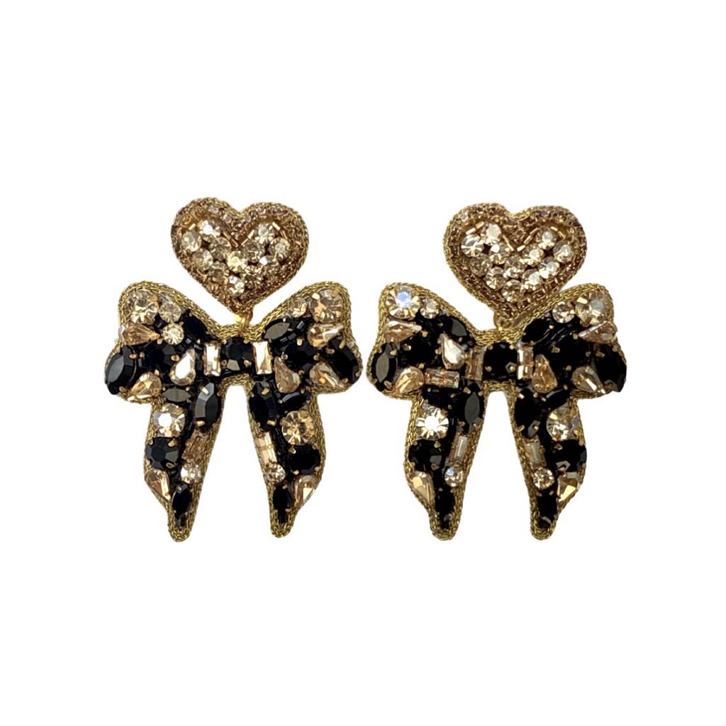 Heart Gem Coquette Earrings, Black & Gold