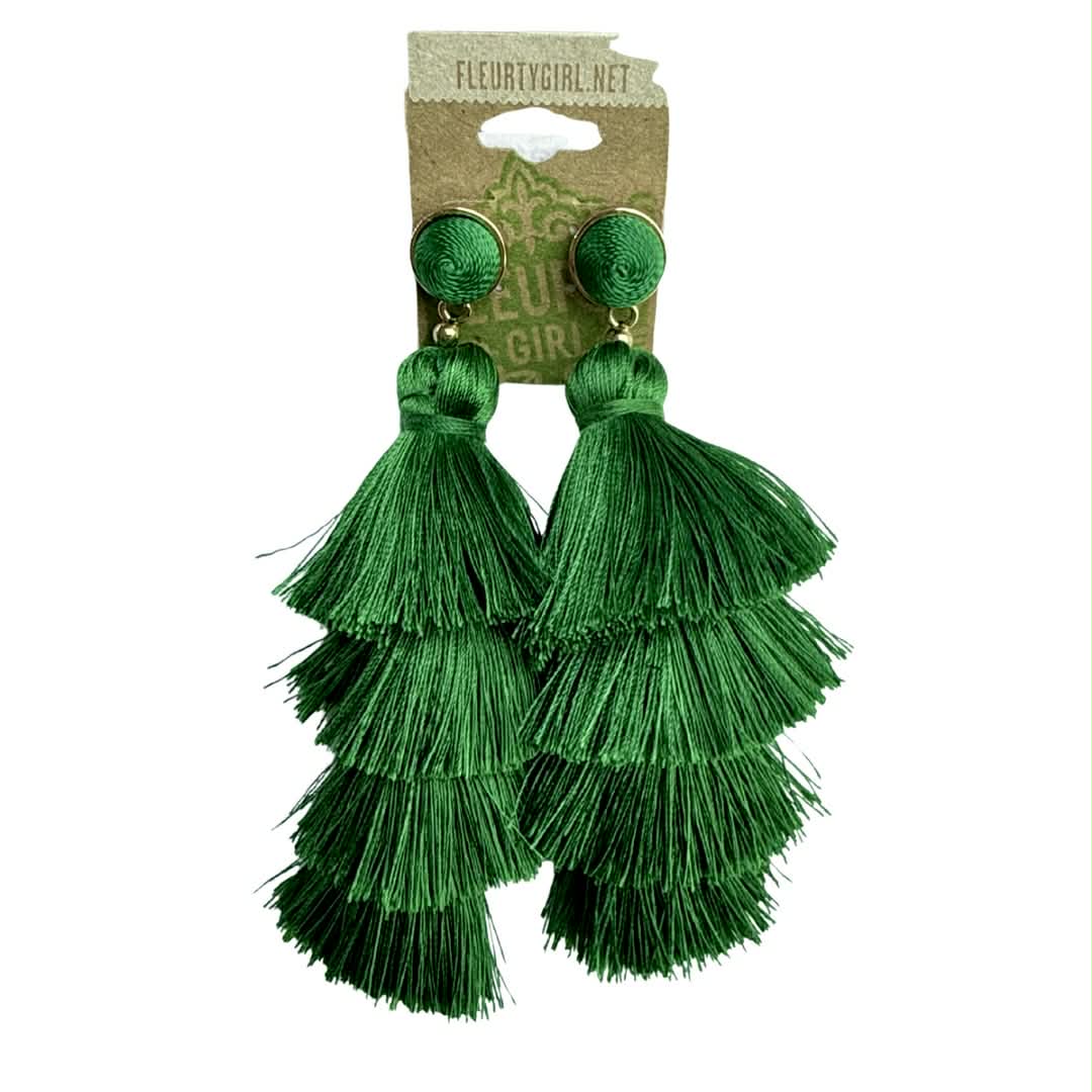 Green Tiered Tassel Earrings