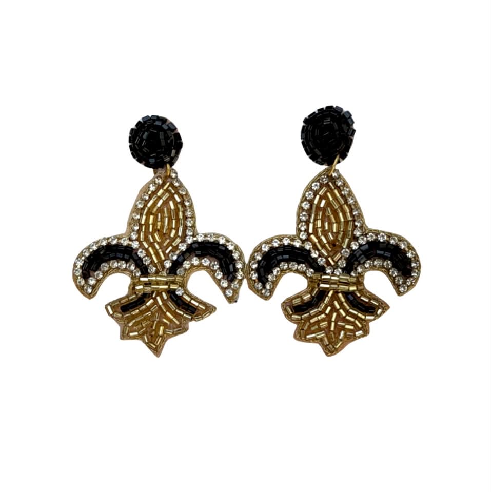 Black & Gold Fleur de Lis Seed Bead Earrings