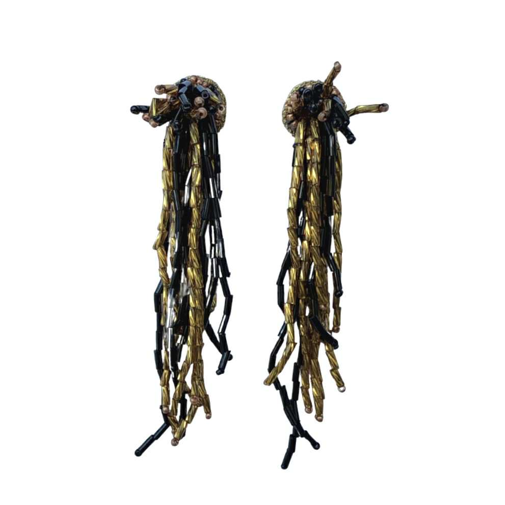 Beaded Dangle Fringe Earrings, Black & Gold
