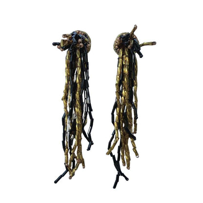 Beaded Dangle Fringe Earrings, Black & Gold