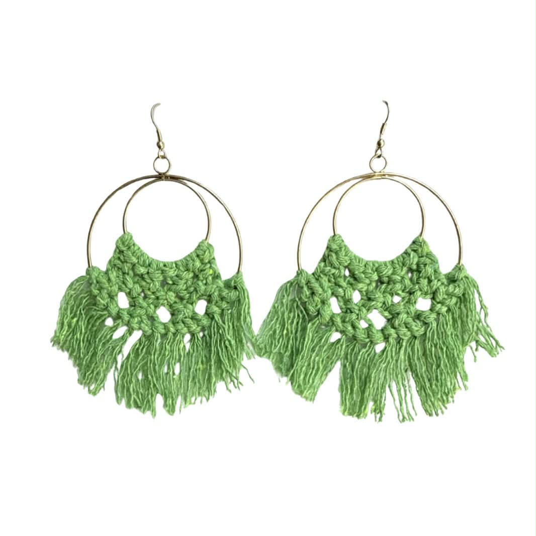 Macrame Hoop Earrings, Green
