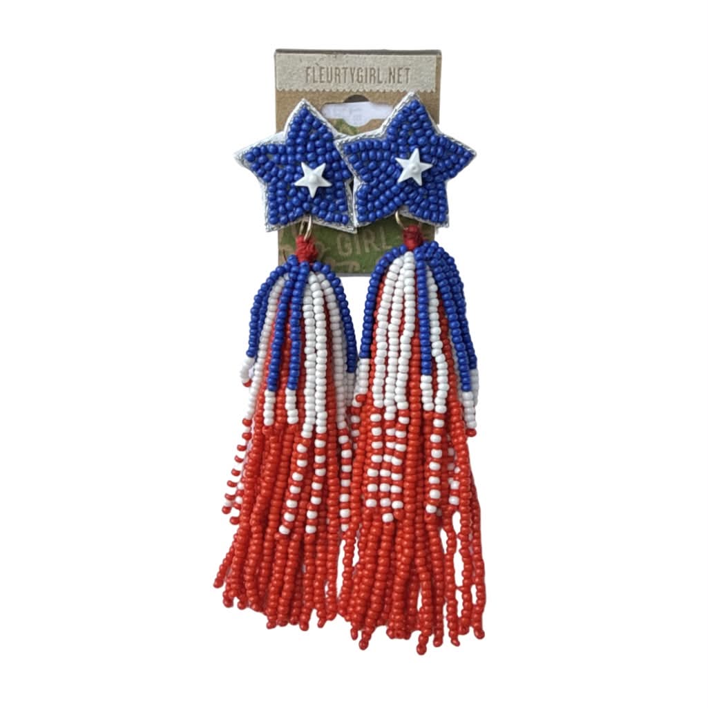 Beaded Patriotic Star Tassel Earrings