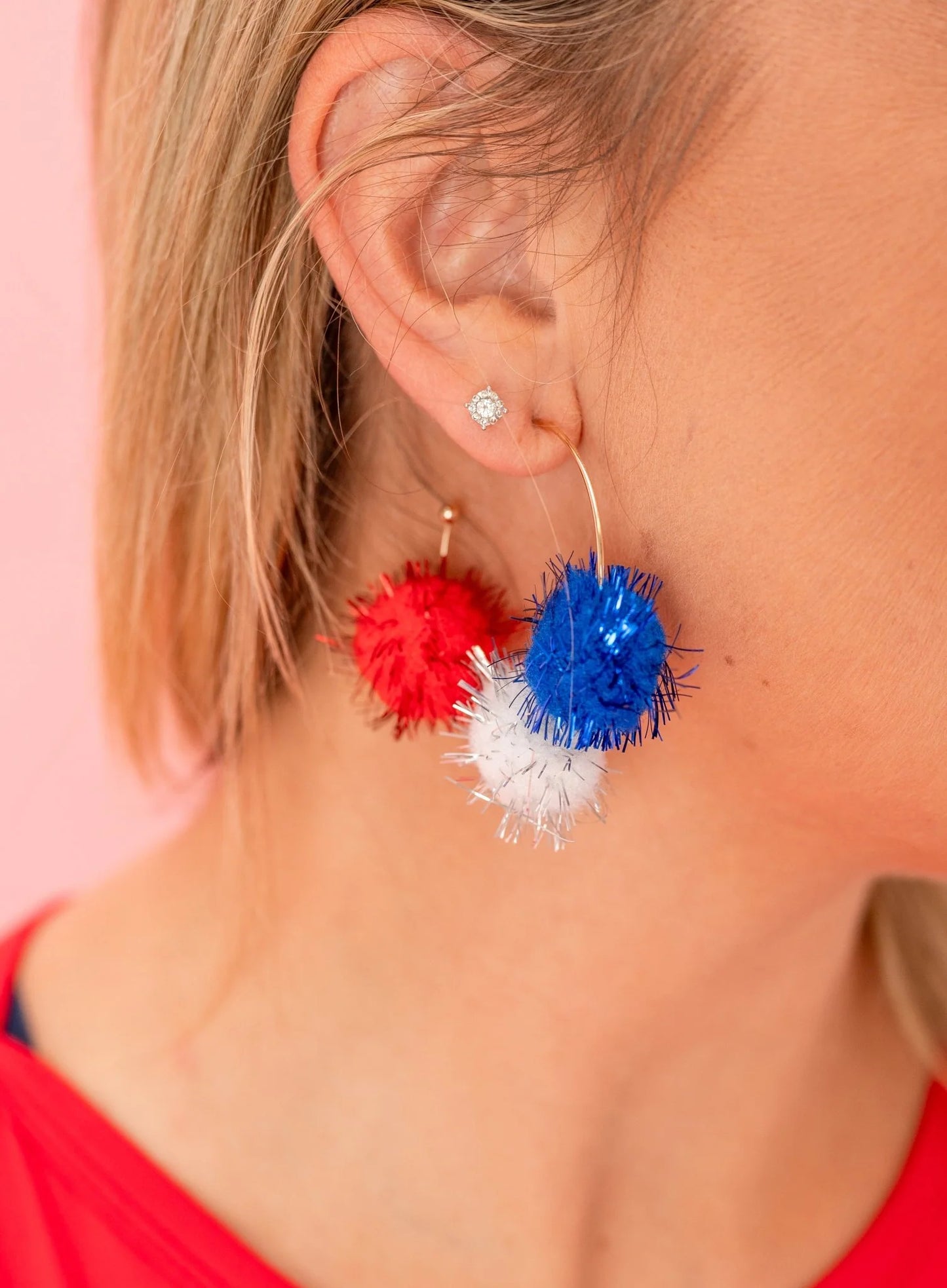 Patriotic Pom Pom Hoop Earrings