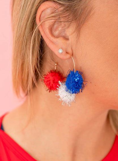 Patriotic Pom Pom Hoop Earrings