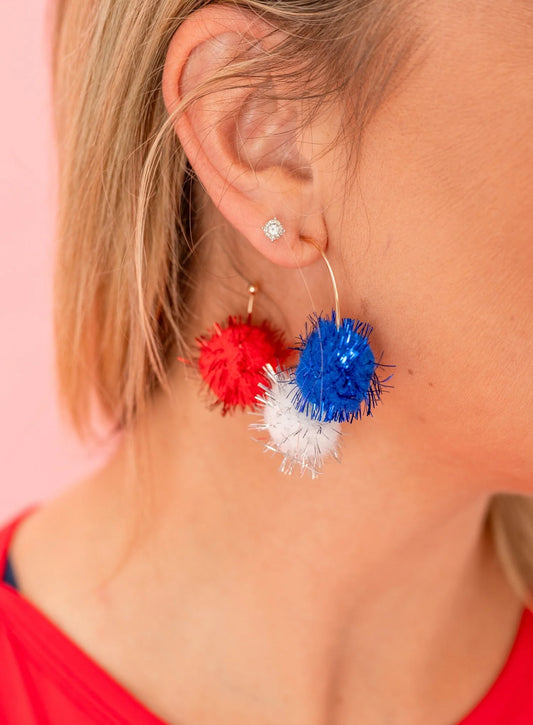 Patriotic Pom Pom Hoop Earrings