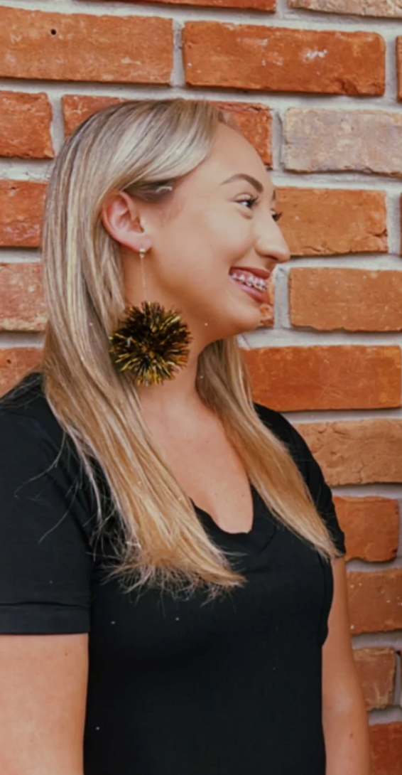 Tinsel Ball Dangle Earrings, Black & Gold