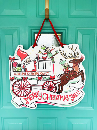 Rudolph Chewing Candy Cart Door Hanger