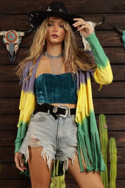 Mardi Gras Tie Dye Fringe Cardigan