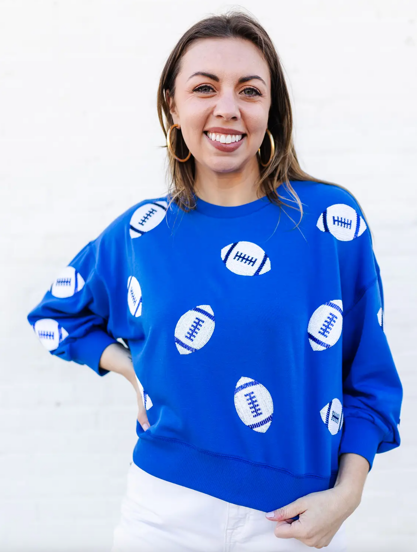 Sequin Football Sweatshirt, Blue & White