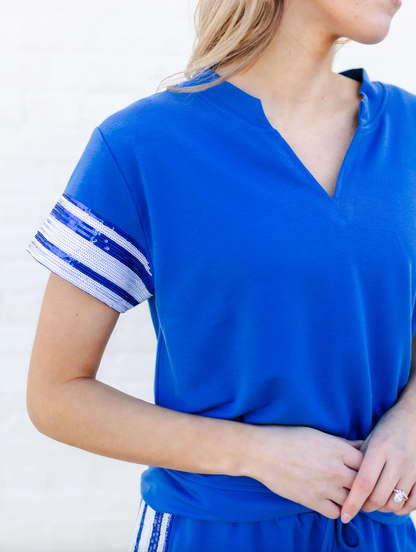 Sequin Stripe Shorts Set, Blue & White