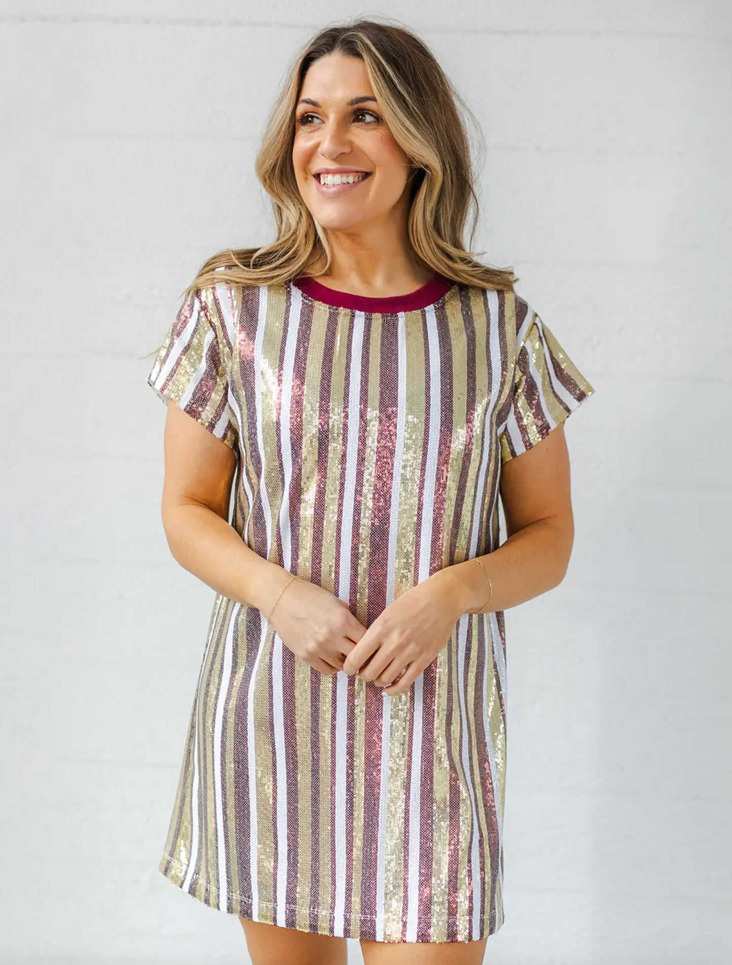 Sequin Stripe Shirt Dress, Garnet & Gold